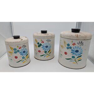 vintage 3 Ransburg MCM Floral Tin Canisters Large hand painted damage flawed